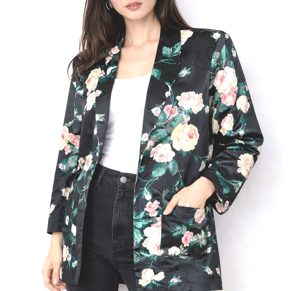 Vintage 80s Judy Black Floral Rose Power Blazer Jacket Womens Size Medium Retro